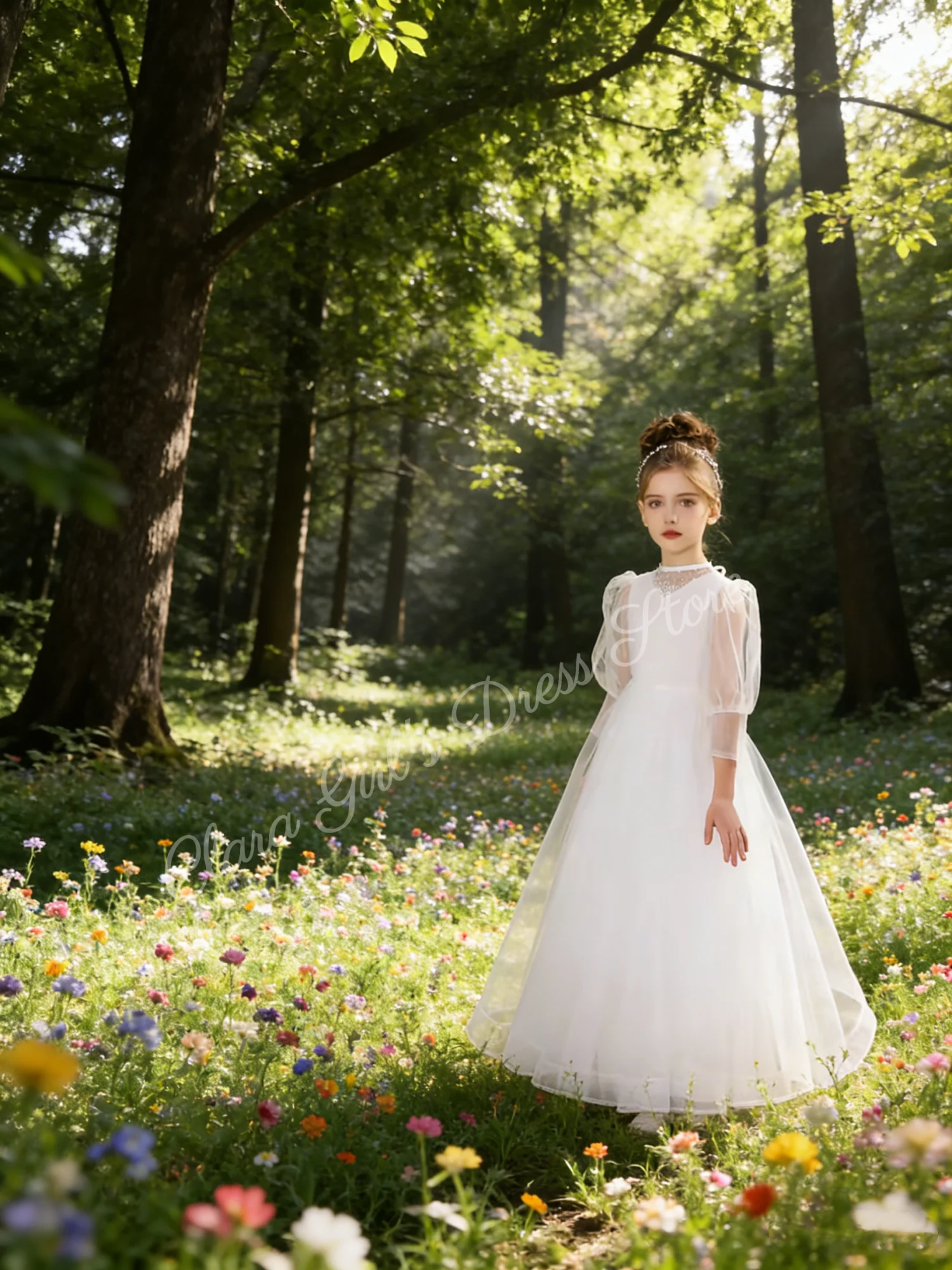 Aanpasbare witte bloemenmeisjesjurk met gezwollen tule rok voor verjaardagsfeestjes voor kleine meisjes, optochten en bruiloftsdinerjurken