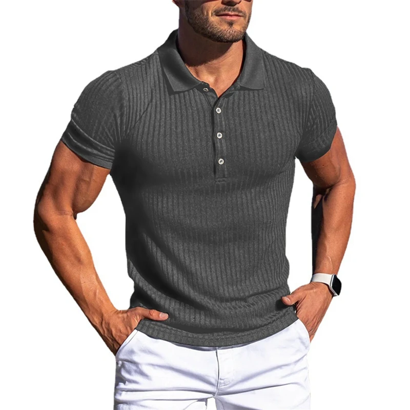 Summer new plus-size men's casual T-shirt sports fitness fashion elastic vertical solid color short-sleeved POLO shirt