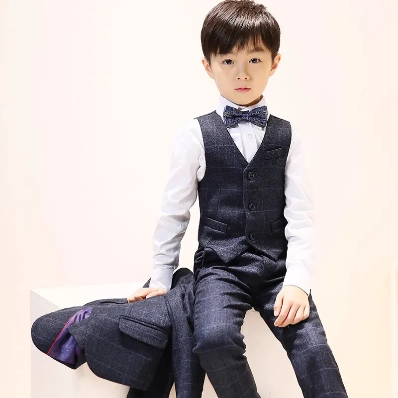 Children Plaid Gary Jacket Vest Pants Bowtie 4PCS Photograph Suit Kids Tuxedo Dress Birthday Party Costume Boys Wedding Dress