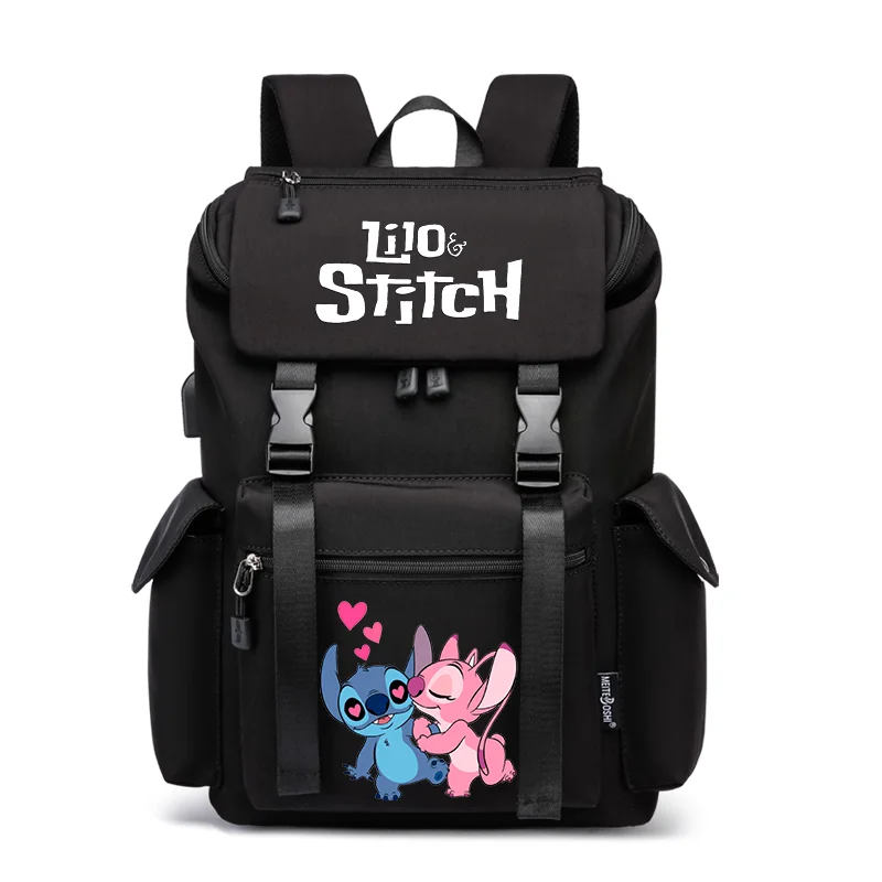 Disney Lilo Stitch School Bag USB Charging Large Capacity Bookbags Teenager Women Men Waterproof Laptop Travel Daily Backpack