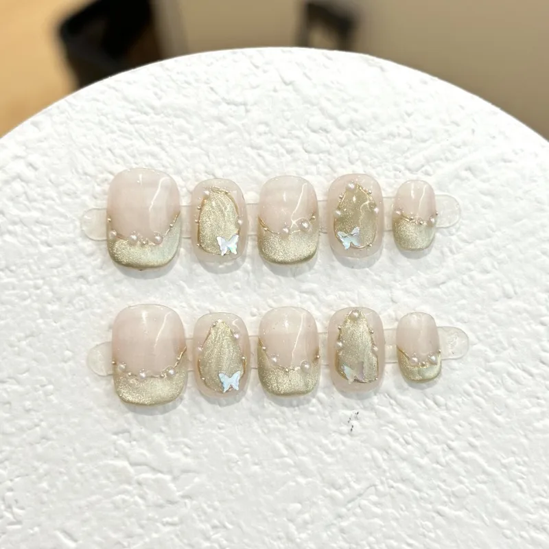 

10pcs Handmade Press on Nails for Gluing Ready Cat Eye Short False Nails with Glue Simple Artificial Fake Nails for Women 2025