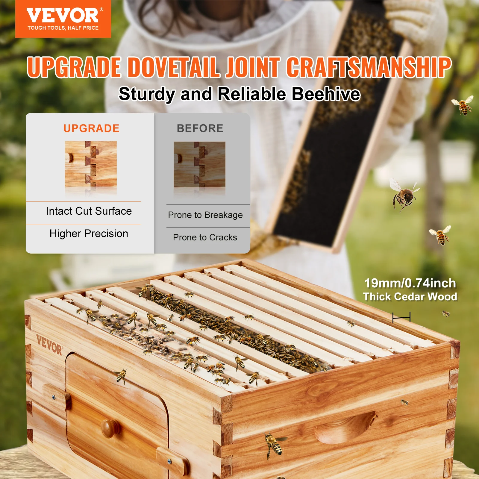 VEVOR Bee Hive Deep Box Starter Kit 100% Beeswax Coated Natural Cedar Wood w/ 10 Frames and Foundations Beginners Pro Beekeepers