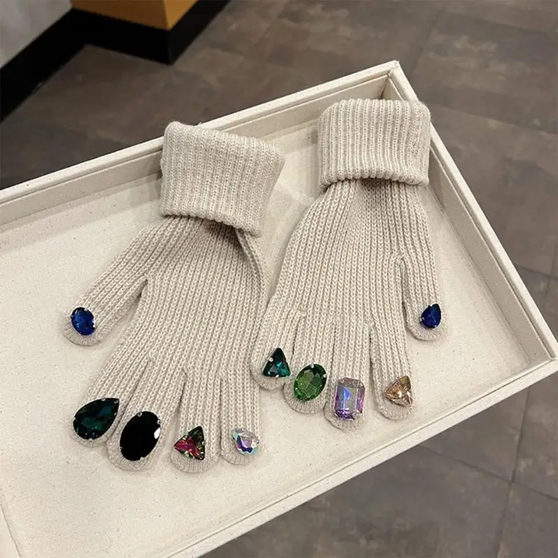 39BD Touchscreen-Strickhandschuhe für Damen, Strass-Handschuhe, französische Luxus-Vollfingerhandschuhe – Detail 5