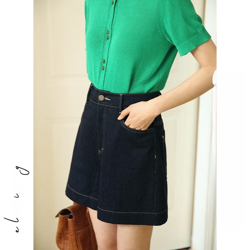 

Elwing Original American Retro Denim Shorts Women's Summer New Bright Line Design High Waist Slim A-Line Shorts
