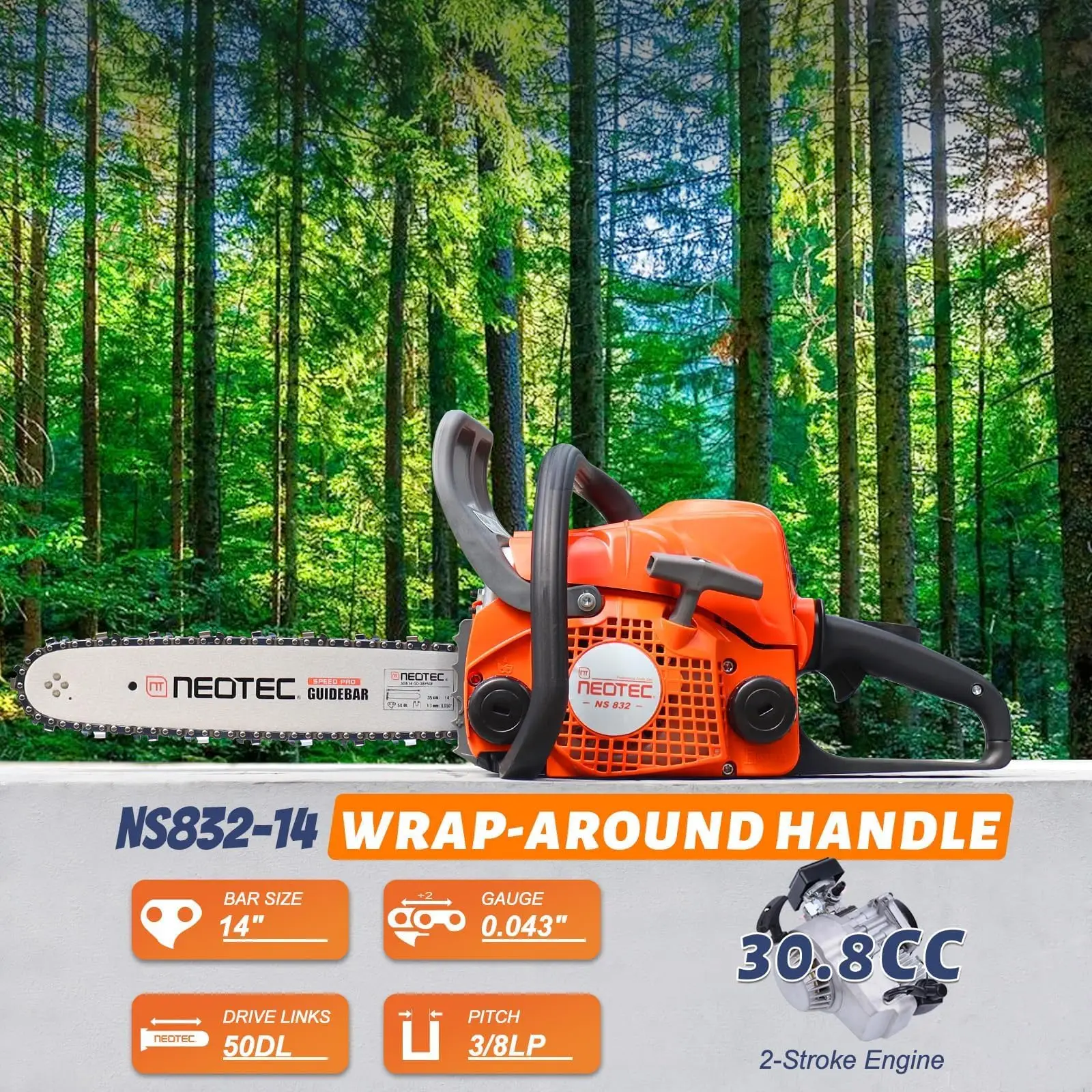 31.8cc NS832 Gas Chainsaw,14 Inch Top Handle Chain Saw 2-Stroke Portable Gas Powered Chainsaw for Wood Cutting,1.5KW