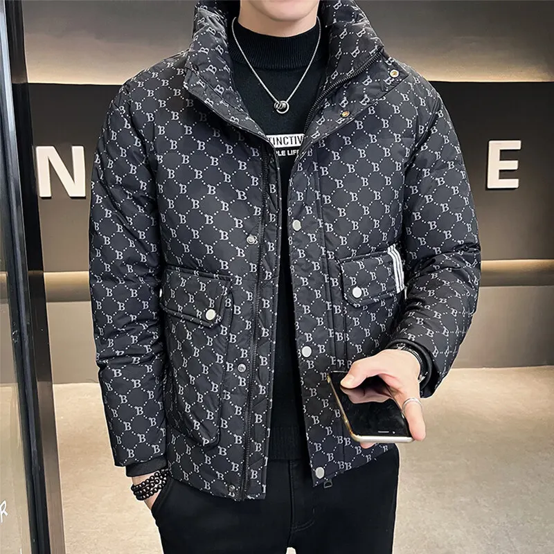 Men's down jacket, white duck down filling, stand-up collar plaid print casual jacket, autumn and winter thick warm jacket