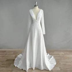 DIDEYTTAWL Long Sleeves Deep V Neck Wedding Dress Lace Appliques Pleated A Line Sweep Train Bridal Gown Real Photo