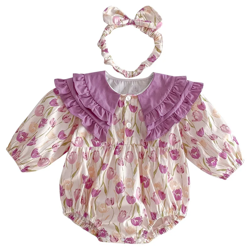 2024 Korean Spring Infant Girls Sister Look Cotton Purple Flower Printed Long Sleeve Baby Girls Rompers Kids Girls Dress