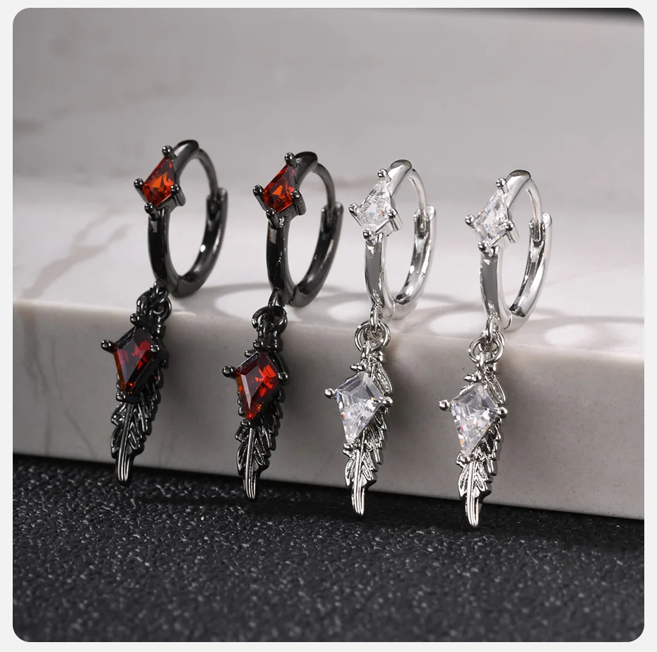 Vnox Gothic Flügel-Hängeohrringe für Männer, Kupfer-Feder-Rhombus Rot Klarer Zirkon Huggie-Ohrringe Punk Hip-Hop Schmuck Geschenk – Detail 6