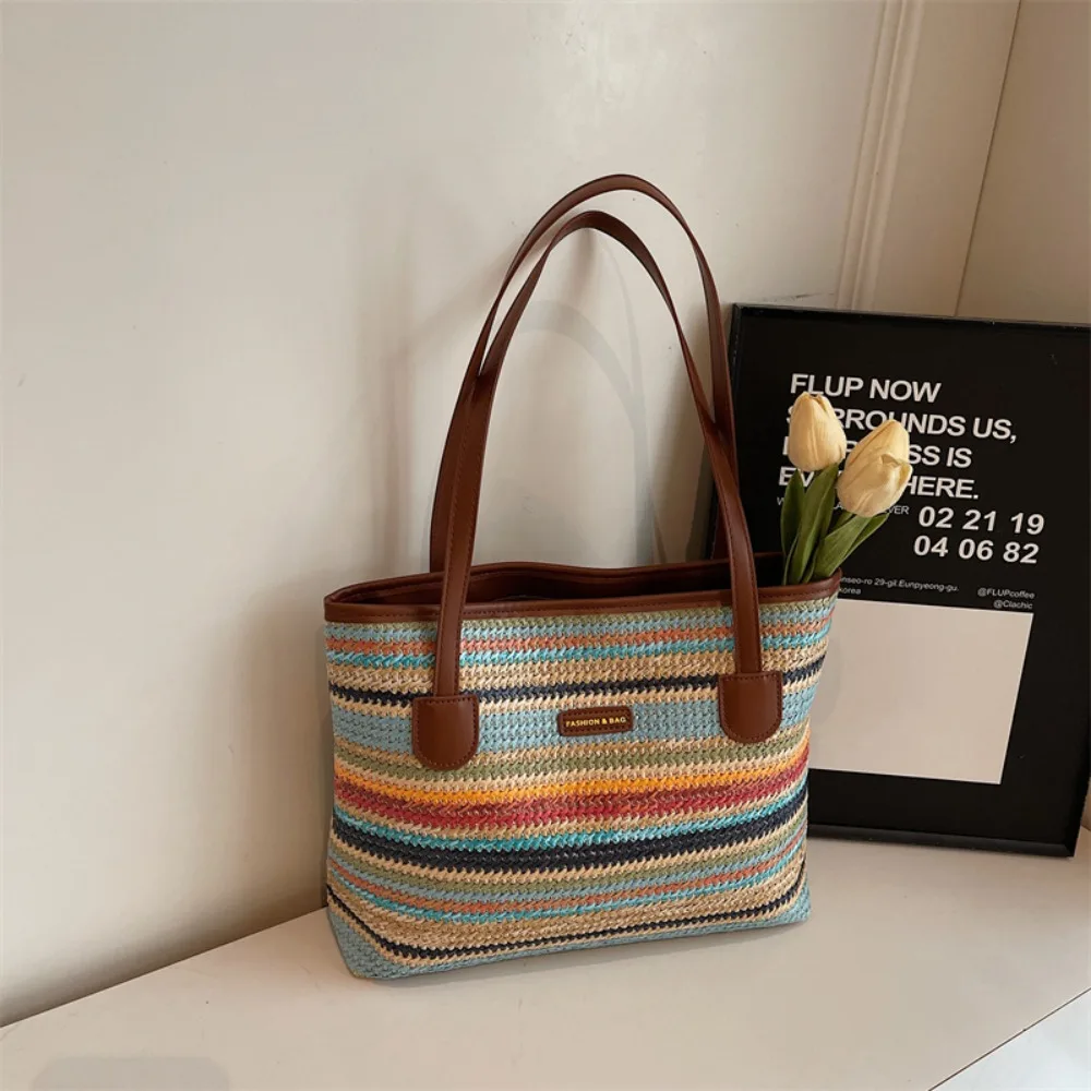 

Hollow Out Straw Woven Bag Parent Shoulder Bag Beach Handbag Bohemian Beach Bag Large Capacity Bucket Bag Strip Shoulder Bag