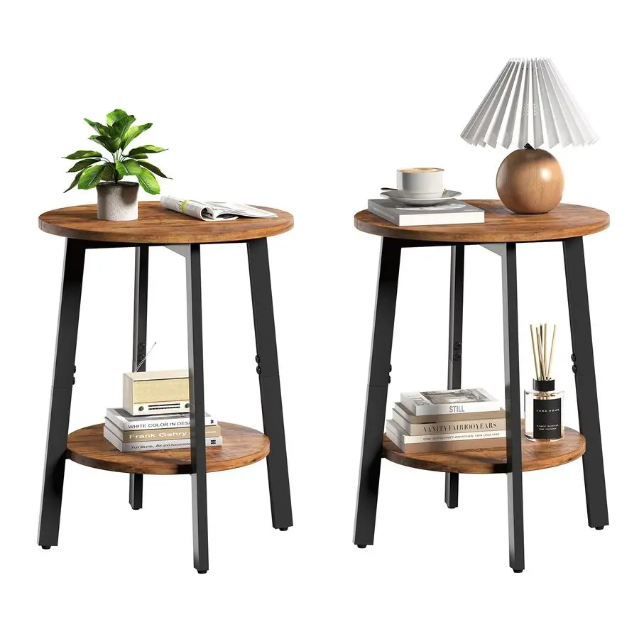

Table Set of 2, Small Round End Table with Storage Shelf for Small Space, 2Tier Bedside Table Sofa Couch Table, Nighstands Set o