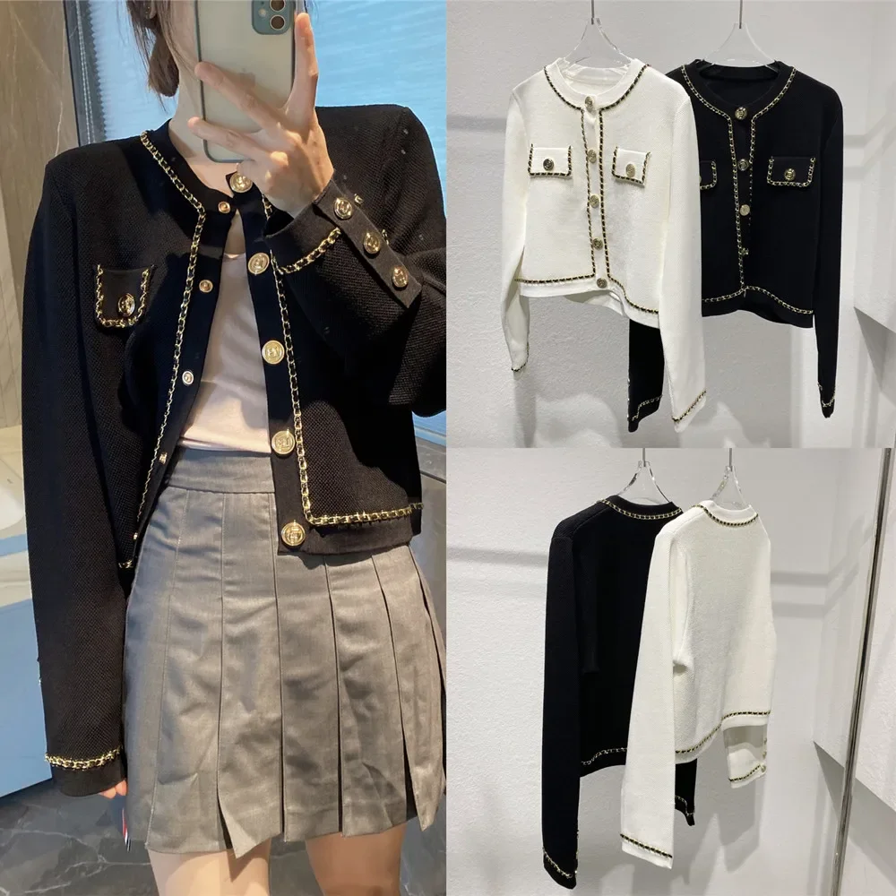 High End Paris Elegant Socialite Sle French Sle Short Knitted Outerwear Gold Buckle Graceful Cardigan Top Women