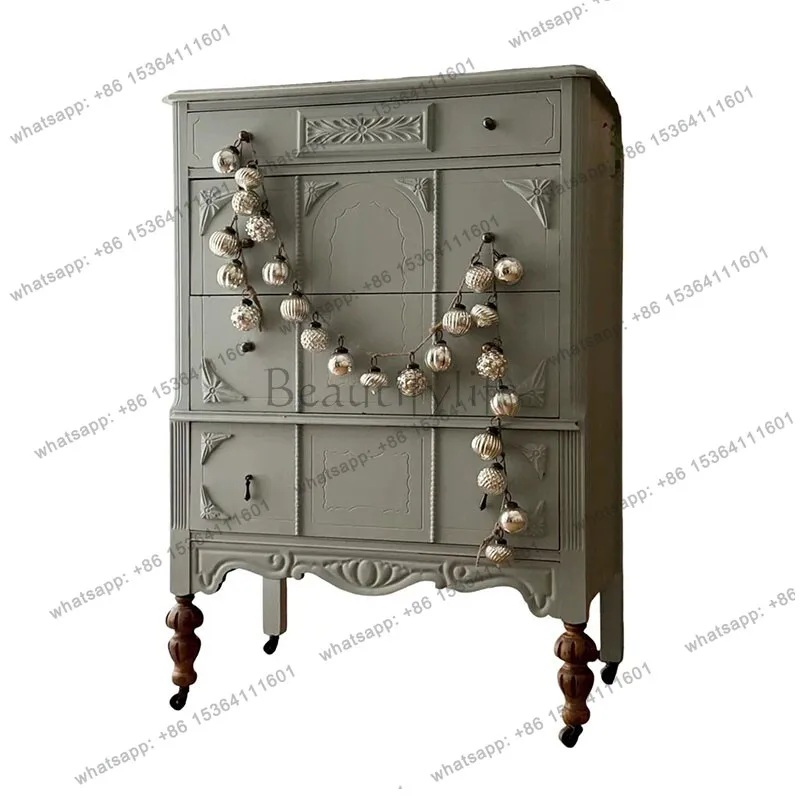 

French retro solid wood four-chest cabinet, American style, living room home storage cabinet