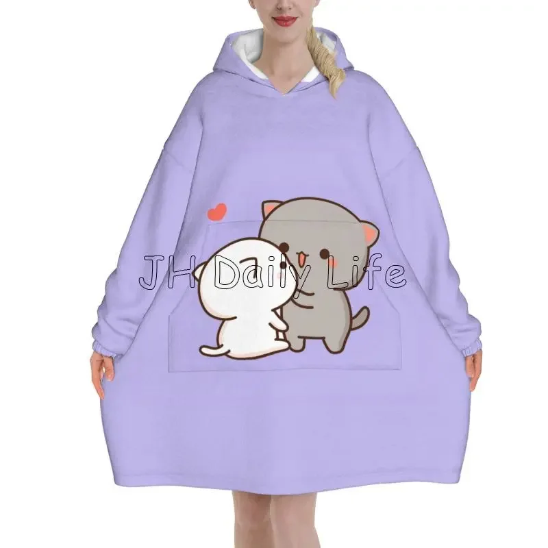 Couple Mochi Cat Wearable Blanket Hoodie Women Oversized Pullover Sweatshirt Peach and Goma Warm Cozy Fleece Sherpa Blankets