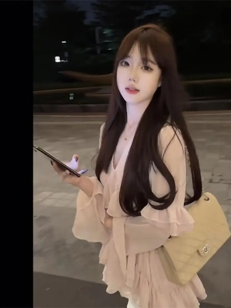 Rosa morbido e chiaro V-Ne Broderie Anglaise Moulait Lungo Sve Chin per le donne Estate Sle Loose Fit Thin irt Ele Top