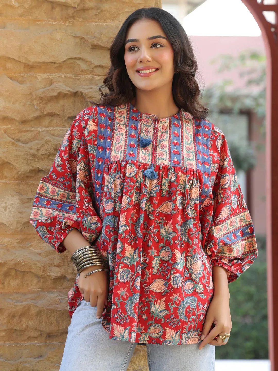 

Red Handblock Printed Boho Top with Volume Sleeves Sustainable Fashion Natural Dyes From India Cotton Summer Breathable Shirt