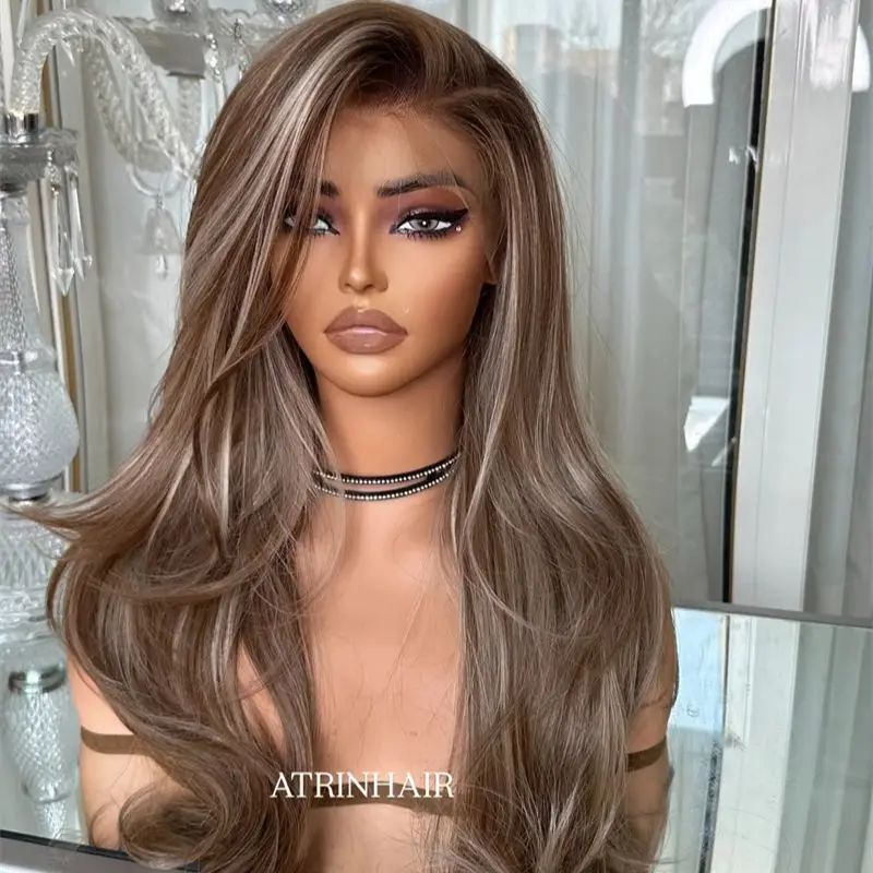 Woman Wigs Free Part Ombre Brown Balayage Highlights HD Lace Front Wig Small Large Size Cap Glueless Natural Preplucked Hairline