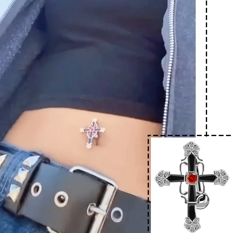 Love Tassel Cross Zircon Navel Ring Stainless Steel Inverted Dangle Navel Piercing Ring Heart Belly Ring Body Piercing Jewelry