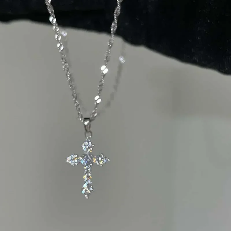 Shiny Crystal Zircon Cross Pendant Necklace for Women Girls Punk Y2k Harajuku Silver Color Necklace Party Jewelry Birthday Gift