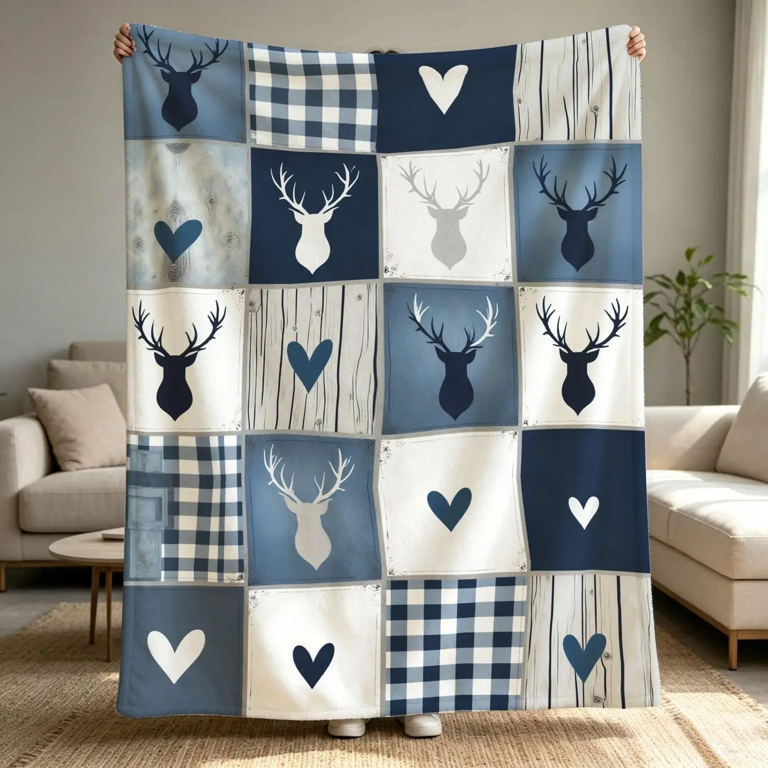[Flannel Blanket]Light Blue Plaid Flannel Blanket, Forest Deer Heart Print, Country Cottage Decor, Gift for Hikers