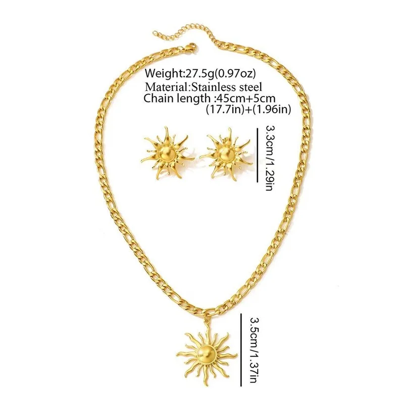 EILIECK 316L Edelstahl Vintage Sonnen-Halskette und Ohrringe Set für Damen, Trendiges 18K Vergoldetes Wasserdichtes Strand-Schmuckgeschenk – Detail 8