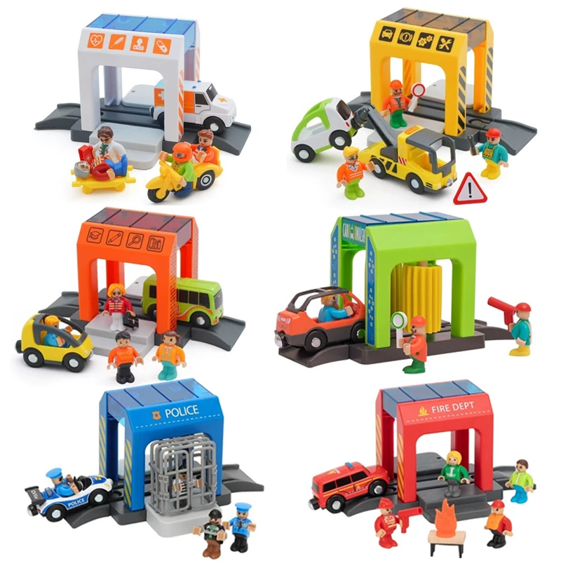 

Wooden Train Track Accessories Simulation Plastic Police Station /Car Wash Room City Scene Wooden Tracks Railway Toys for Kids
