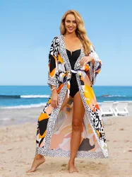 Boho Print Self Belt Kimono Plus Size długi rękaw letnia seksowne Bikini sukienka 2024 damska przytulna narzutka plażowa Q1512