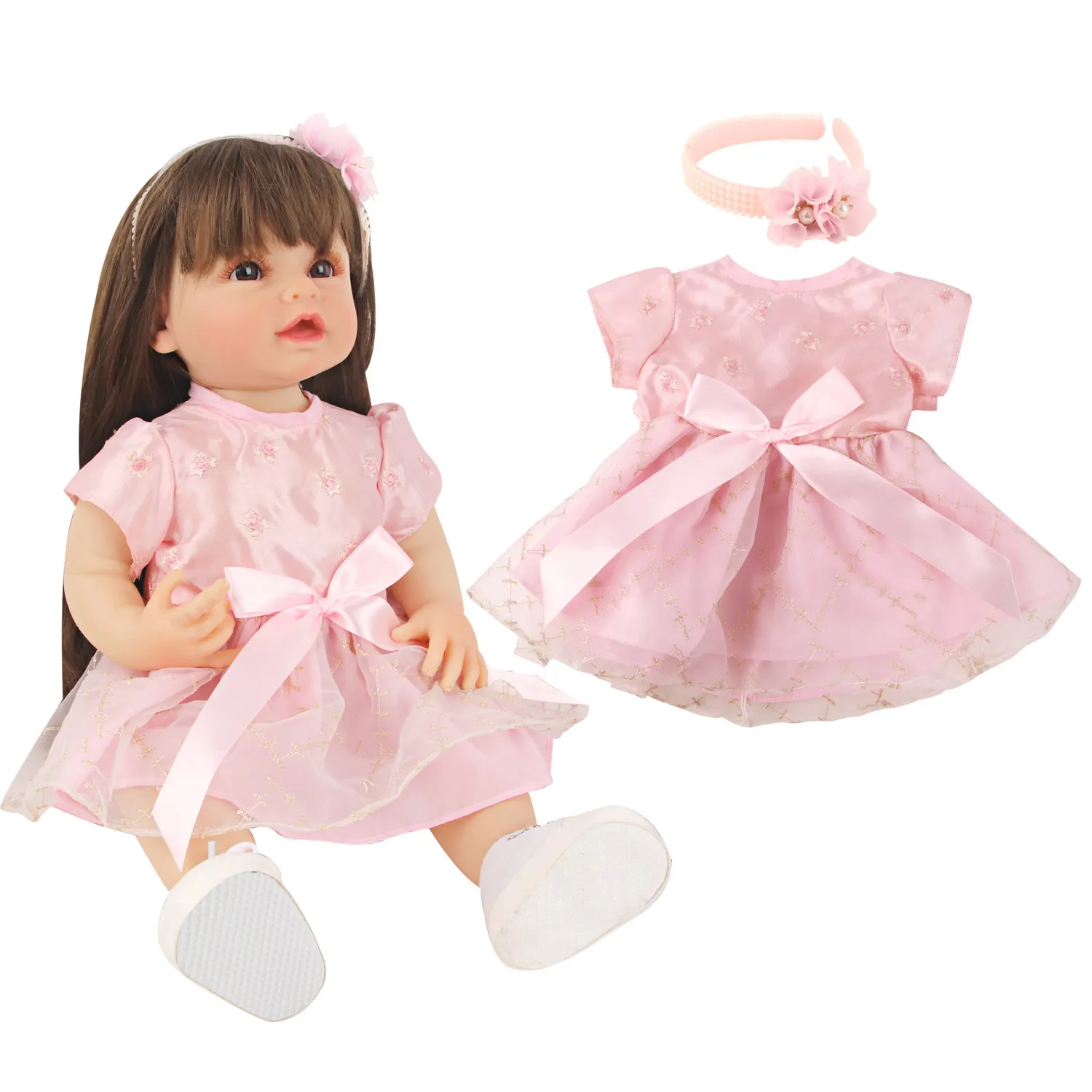 Niedliche rosa Prinzessin Puppe Kleid Set für 22 Zoll wieder geborene Mädchen Puppe Rock Haarband Schleife Anzug für 55cm Baby neugeborene Mädchen Puppen Spielzeug