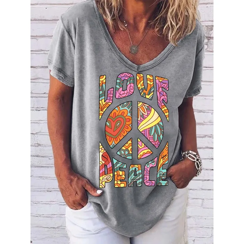 ilstile Women's Love Peace Print T-Shirts Summer Beach Short Sleeve Casual Loose V Neck Tops Tees New Arrival