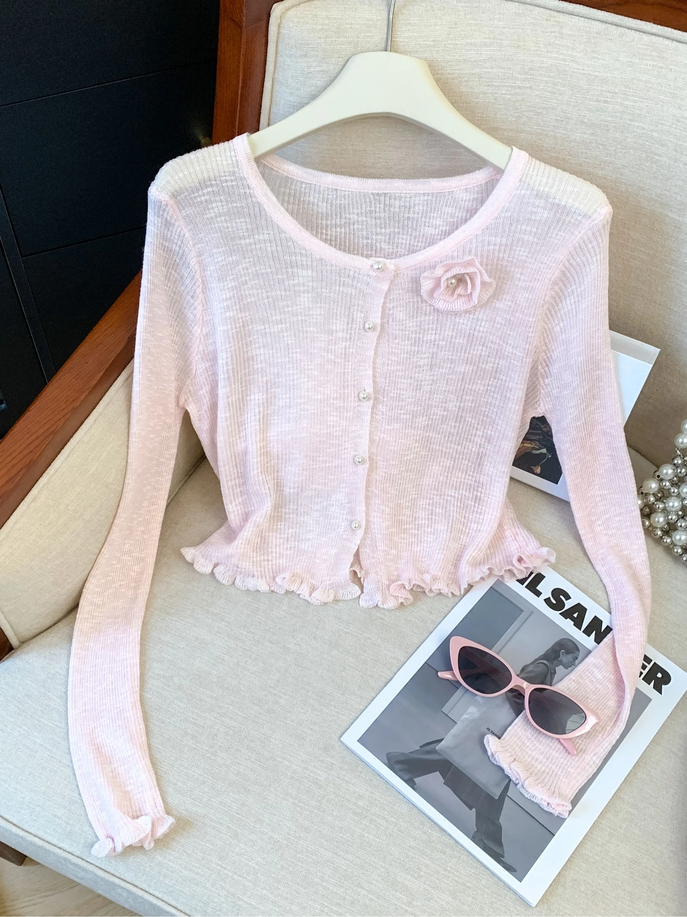 

Легкий вязаный кардиган с цветочным узором для защиты от солнца, женский, весна-лето, с коротким и длинным рукавом, для повседневной носки