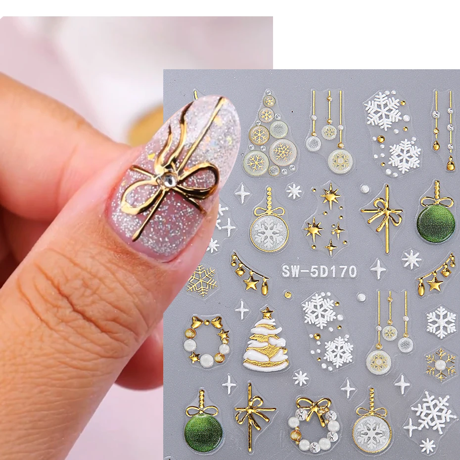 5D Embossed Christmas Nail Stickers Shiny Gold Christmas Tree Nail Art Decals Cute Snowflakes Star Leopard Manicure Decorations