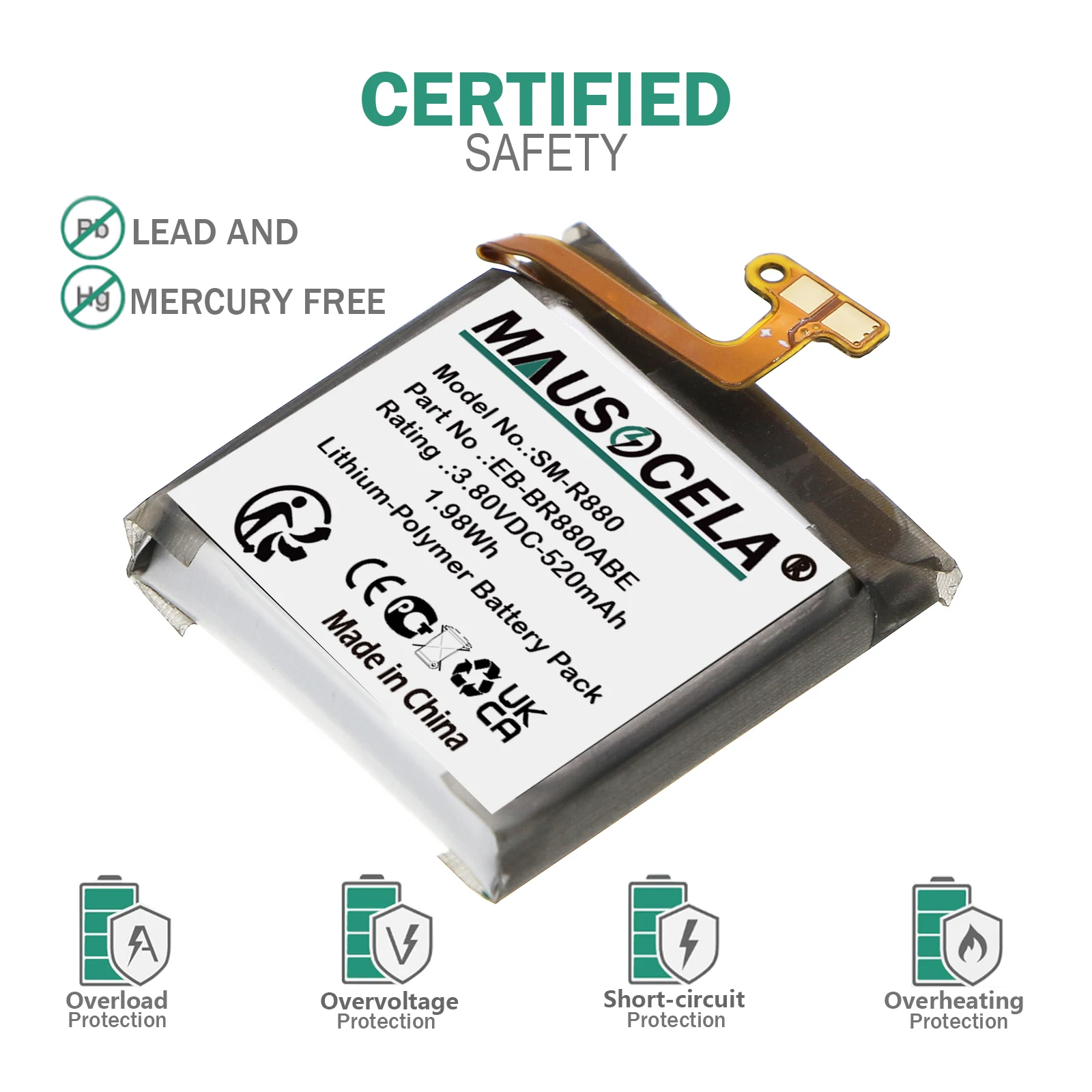 520mAh Smartwatch Battery For Samsung:SM-R880N,SM-R885U,SM-R865U,EB-BR860ABY,EB-BR880ABE,EB-BR880ABY,GH43-05068A,Galaxy Watch 4