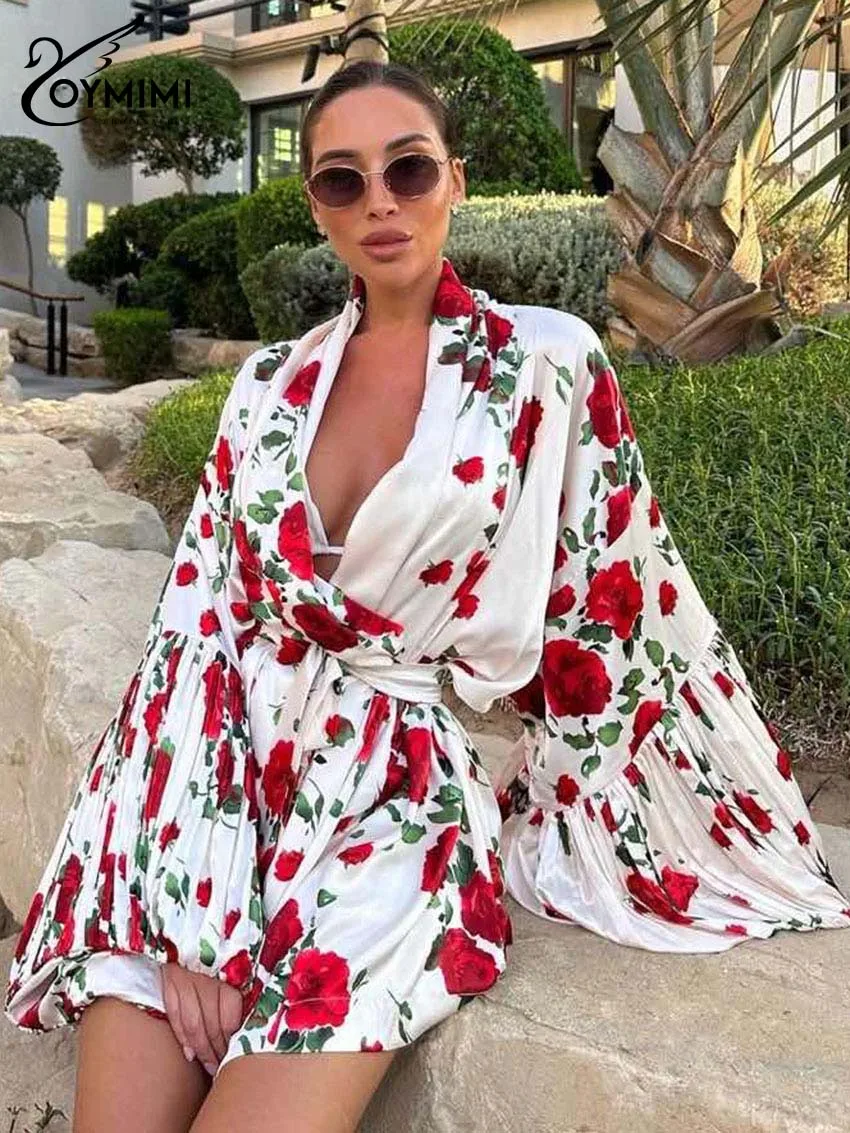 Oymimi Fashion Black Print Dresses 2025 Woman Elegant Deep V-Neck Lantern Sleeve Lace-Up Dresses Casual Loose Mini Dress Female