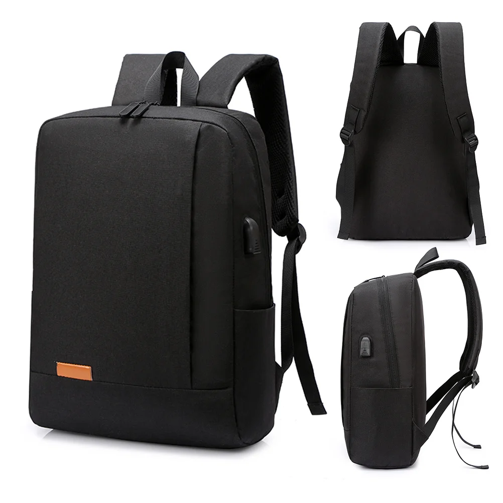 1Pcs USB Student Bookbag Casual Backpack Black Oxford Cloth Waterproof Schoolbag Large Capacity Laptop Daypack Adjustable Straps