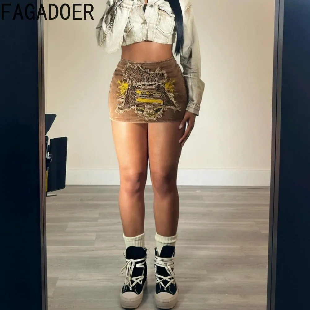 FAGADOER Retro Fashion Y2K Brown Embroidery Denim Skirts Women High Waisted Elasticity Mini Skirt Summer New Matching Bottoms