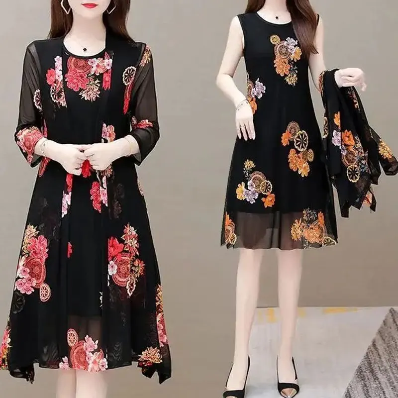 Vintage Flowers Printed Midi Dress Sets Commute Two Piece Women\'s Clothing Summer Thin Casual Oversized A-Line Matching Sets New