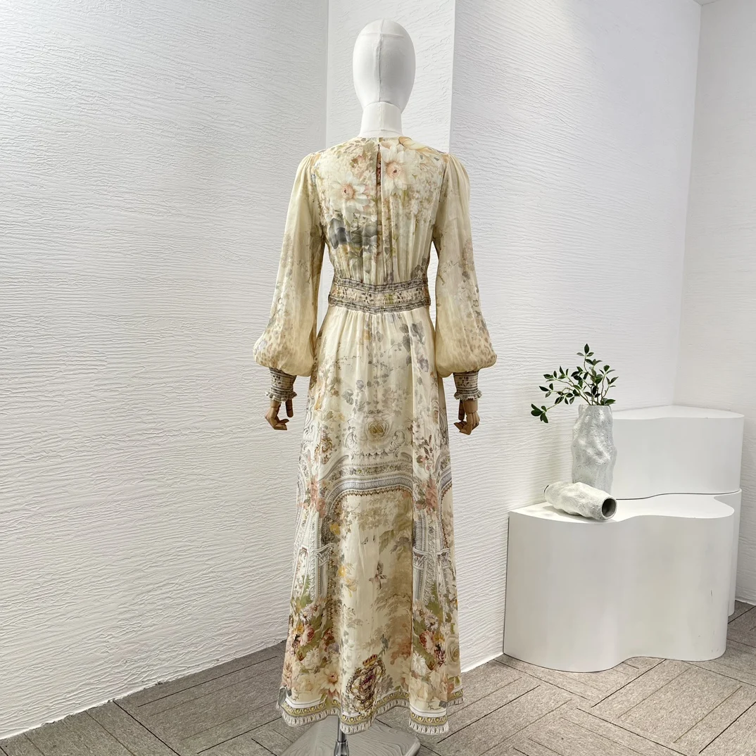 Women's Yellow Printed Balloon Sleeve Lace Paneled Deep V Neck Diamond High Waist Midi Dress