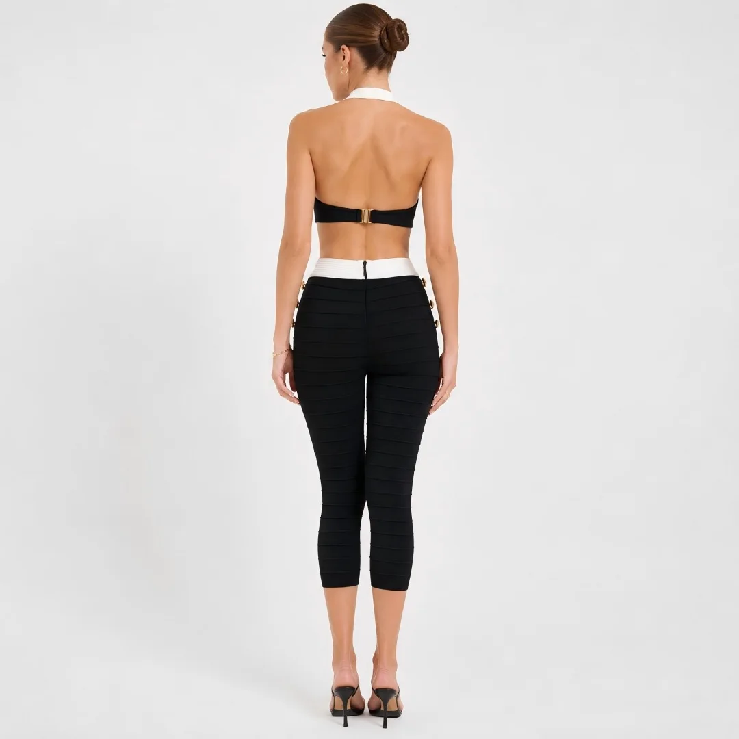 Elegant Black White Sleeveless Halter Backless Vest + Bandage Capri Pants Suits For Ladies Urban Street Casual Night Out Outfit view 3