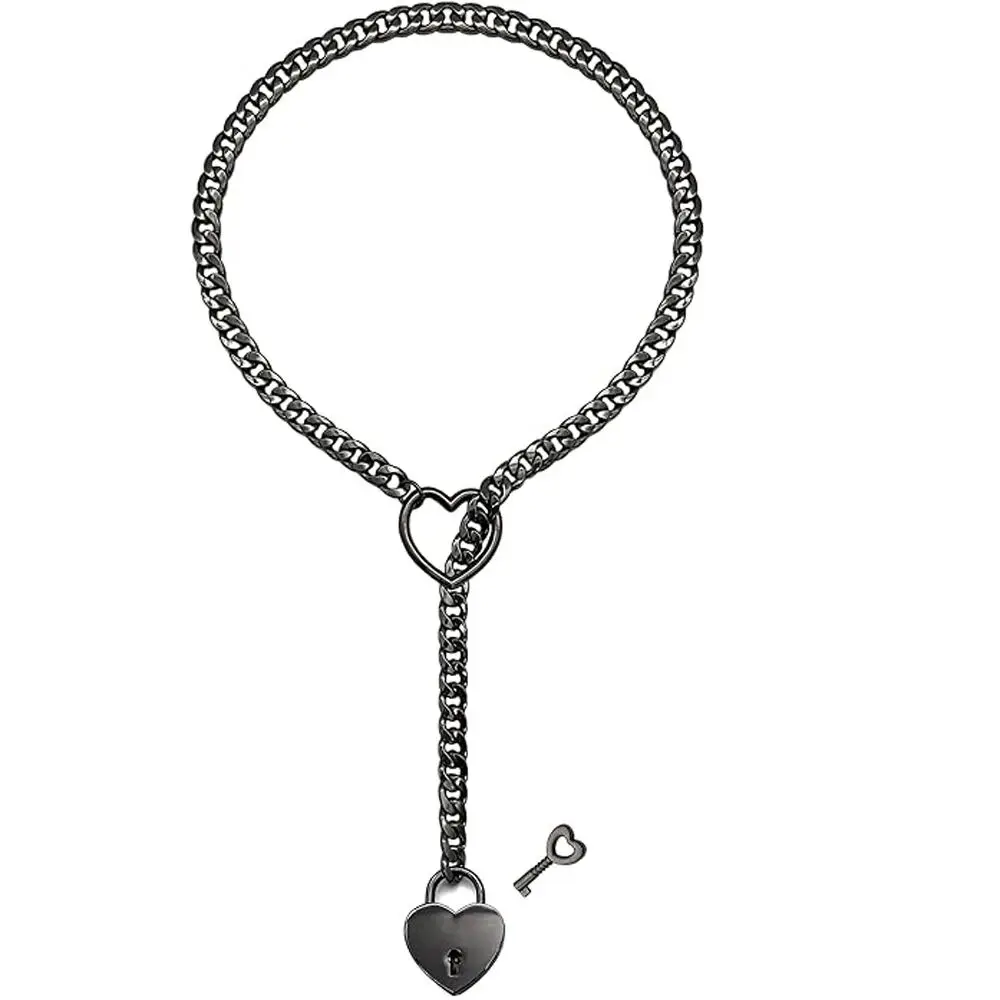 Slip Chain Necklace Heart O-Ring Punk Rock Cuban Long Necklace Jewelry Adjustable Lariat Y-Necklace Heart Locker With Key Neckla