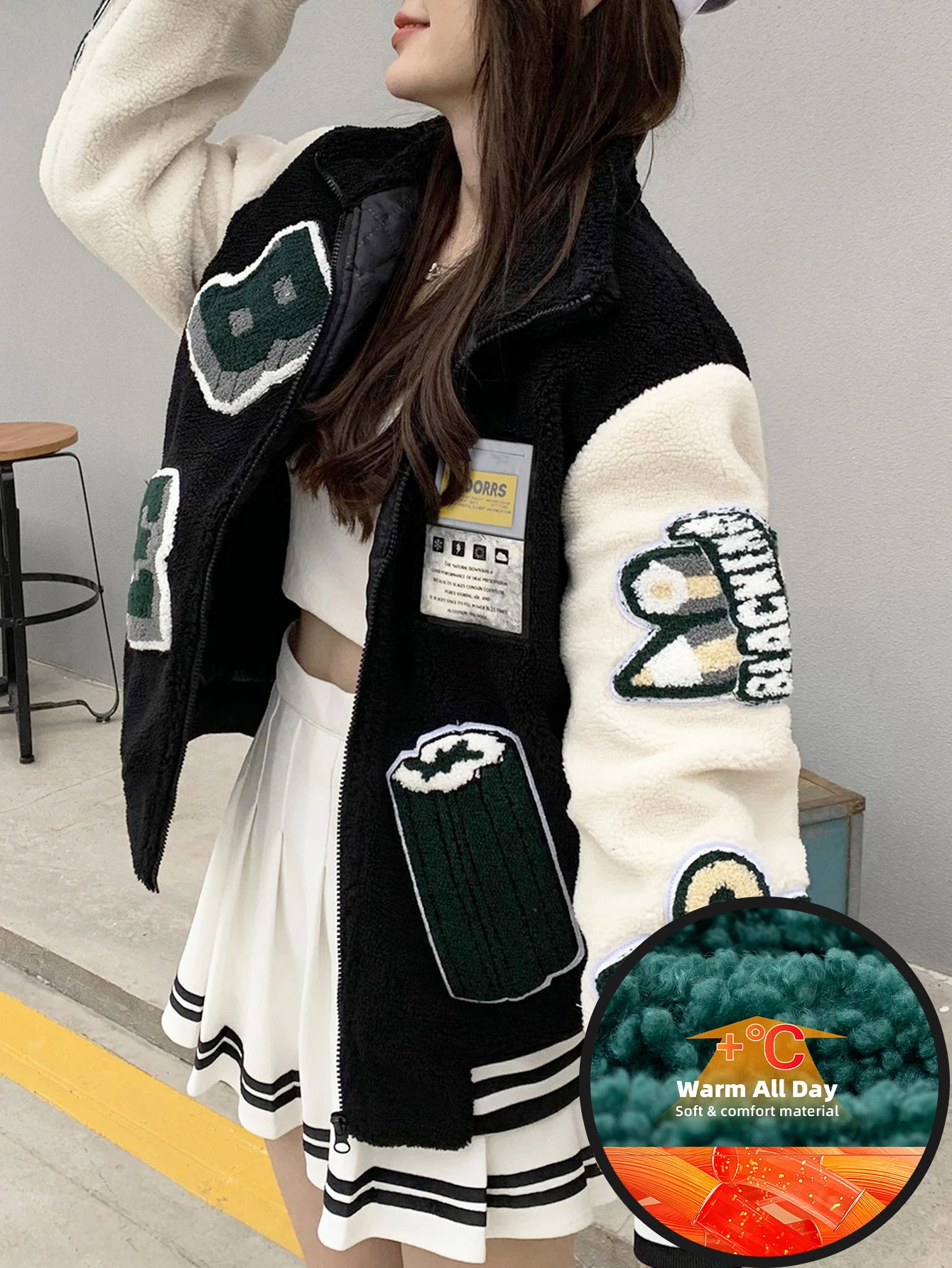 

Women's Fleece Jacket Thickened Junior Winter Coat with Stand Collar Full-Zip Front Closure Loose-Fit Casual Cozy Outerwear