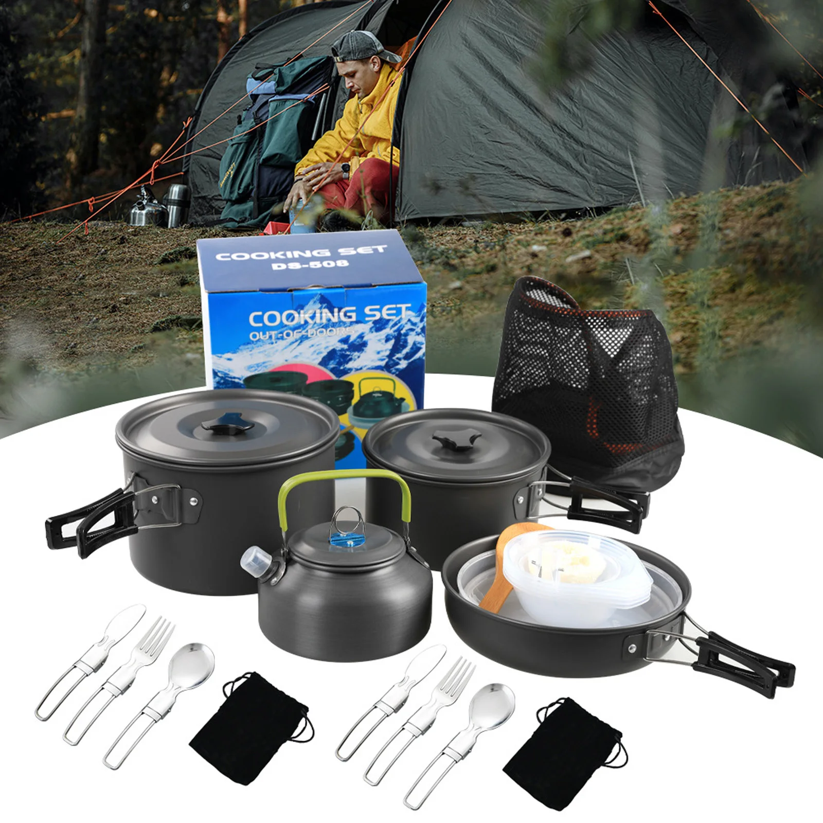 Camping Cookware Mess Kit Non-Stick Pot Frying Pan Teapot Set with Kettle Rice Shovel Fork Spoon and Kinfe for Camping Hiking