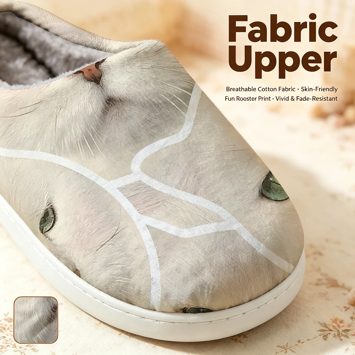 White Cat Sticker Christmas White Slippers Warm Plush Indoor Shoes Non-Slip Winter Slippers Family Holiday Gifts Soft view 2