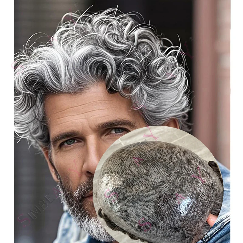 28MM Curly 1B80 White Silver Grey Men Wig Super Durable Full PU Male Toupee 100% Human Hair #1b Black Capillary Prosthesi System