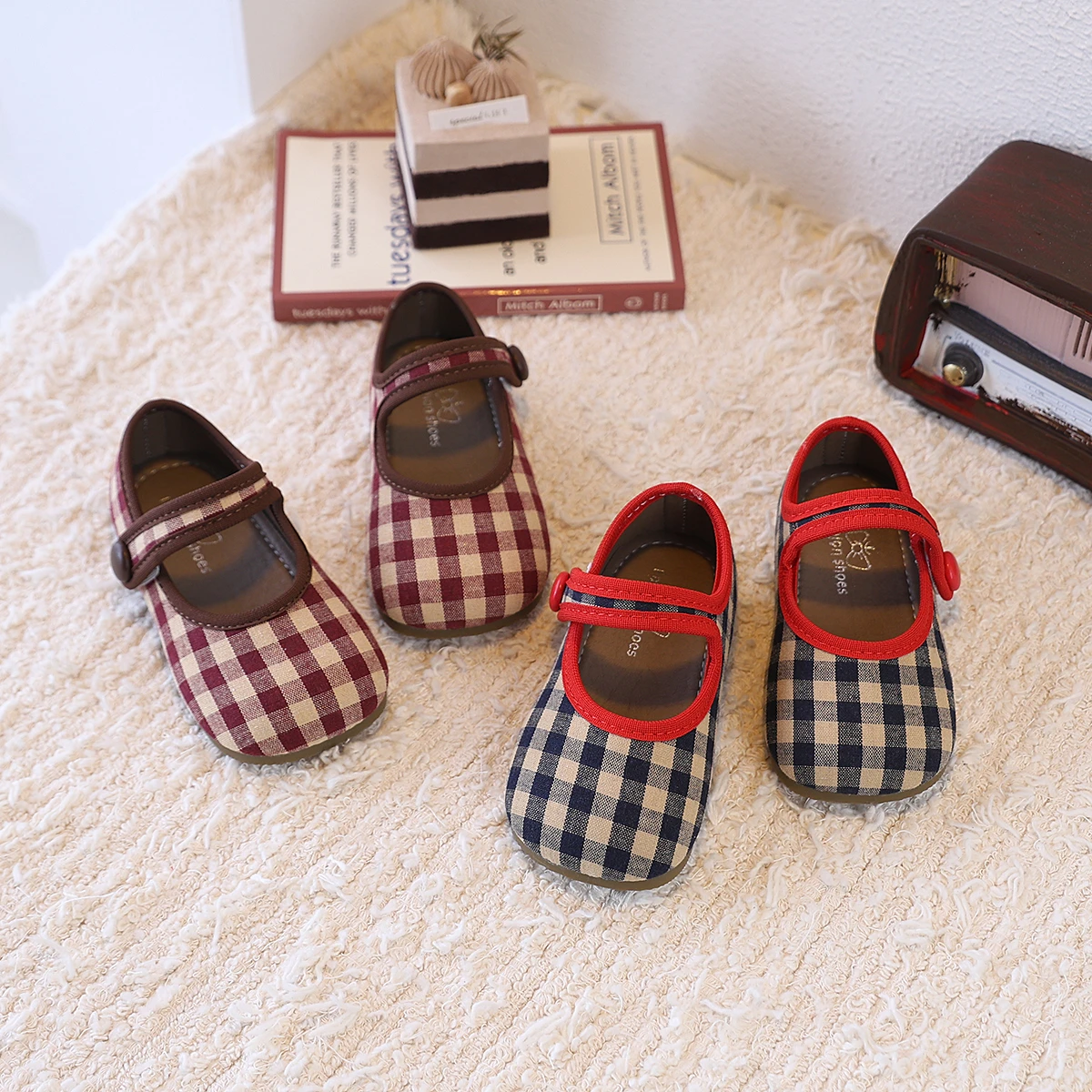 Autumn Girl's Mary Janes Plaid Hook-loop Fashion Kid's Flat Shoe Solid Colors Anti-slip All-match Daily Children Shoe 21-30