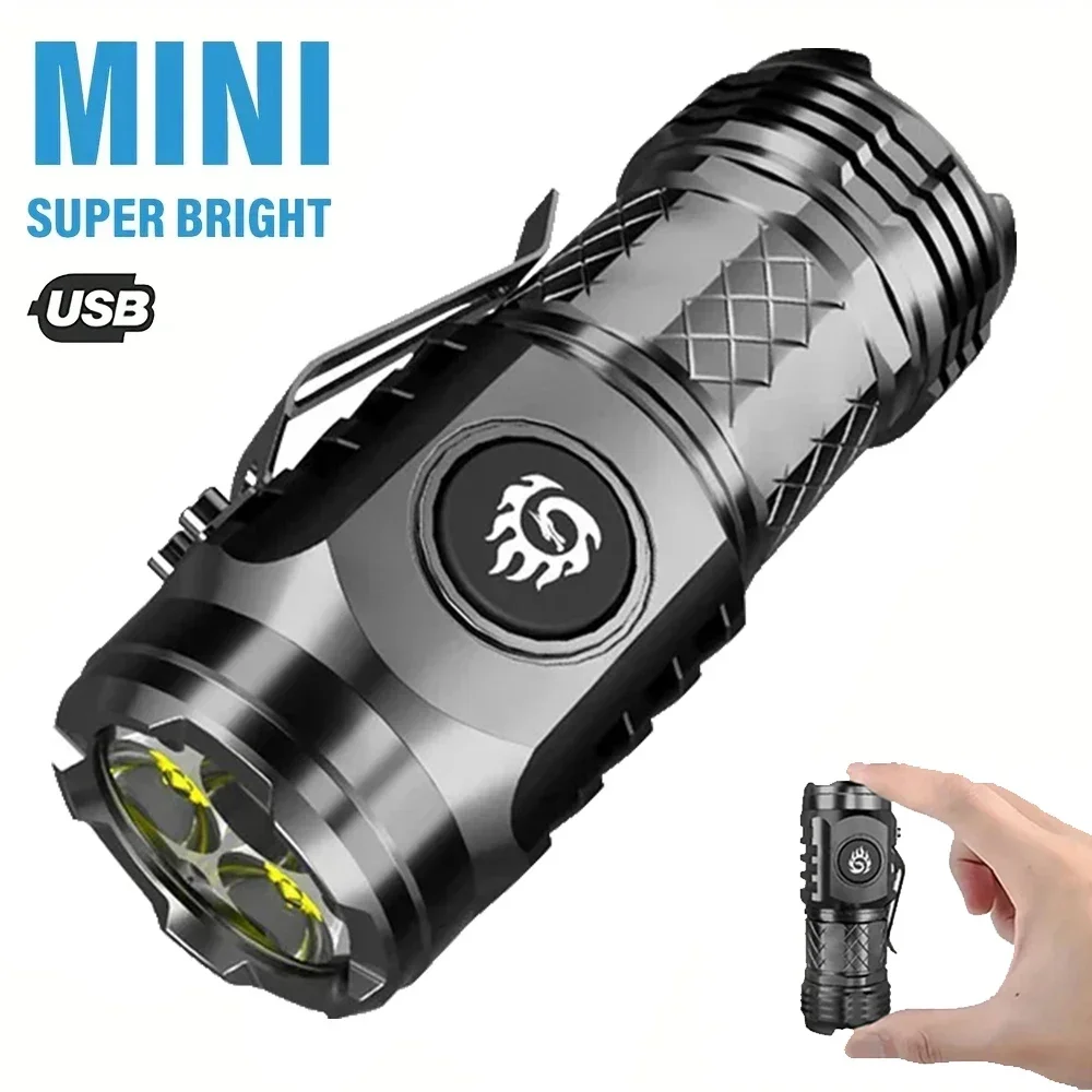 High Strong Power LED Flashlight Built-in Battery Type-C Rechargeable with Pen Clip Torch Outdoor Camping Emergency Lantern