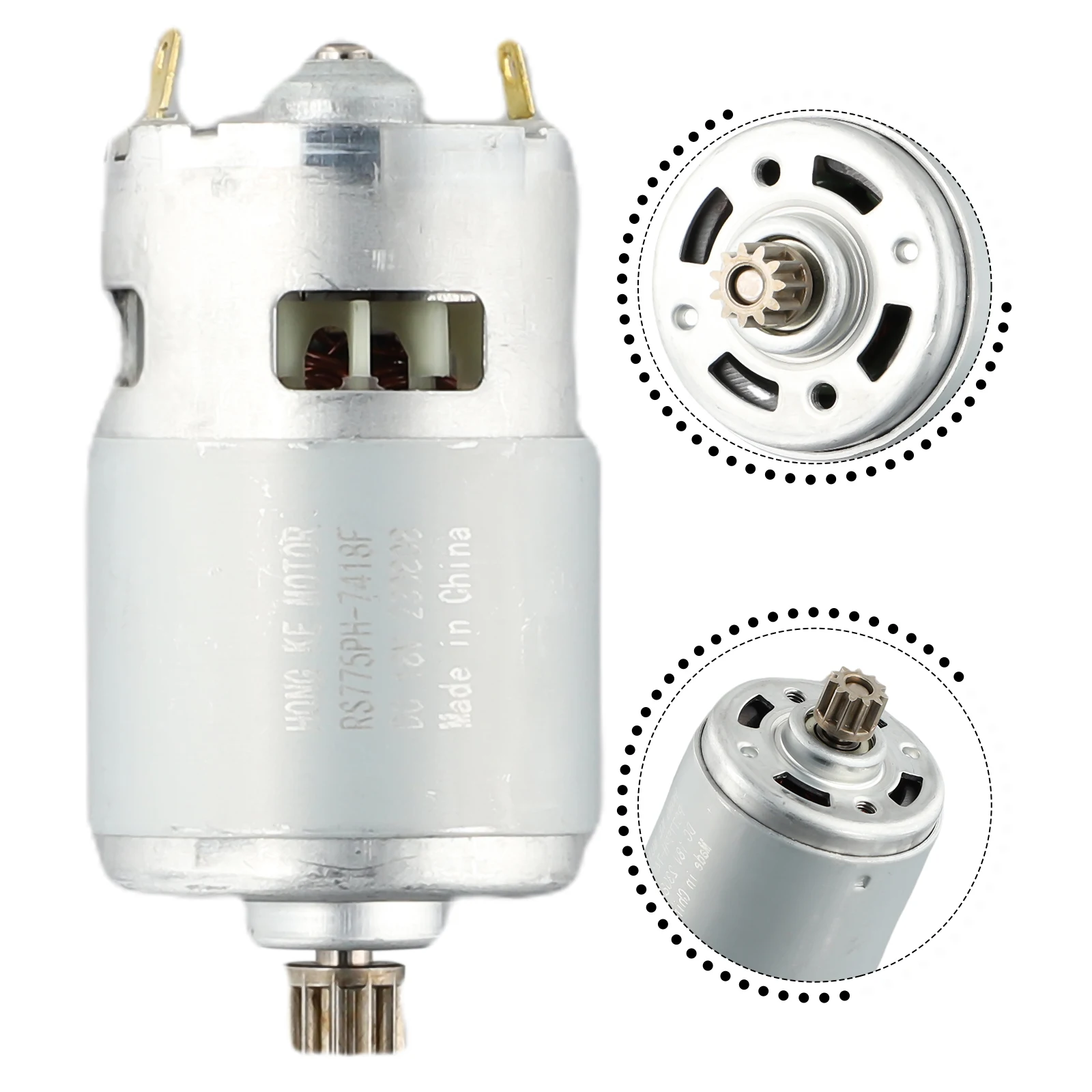 RS775 11 Tooth DC Motor 18V 5000-10000RPM Metal Silver with Cooling Fan for Electric Drill Reciprocating Saw Replacement Part