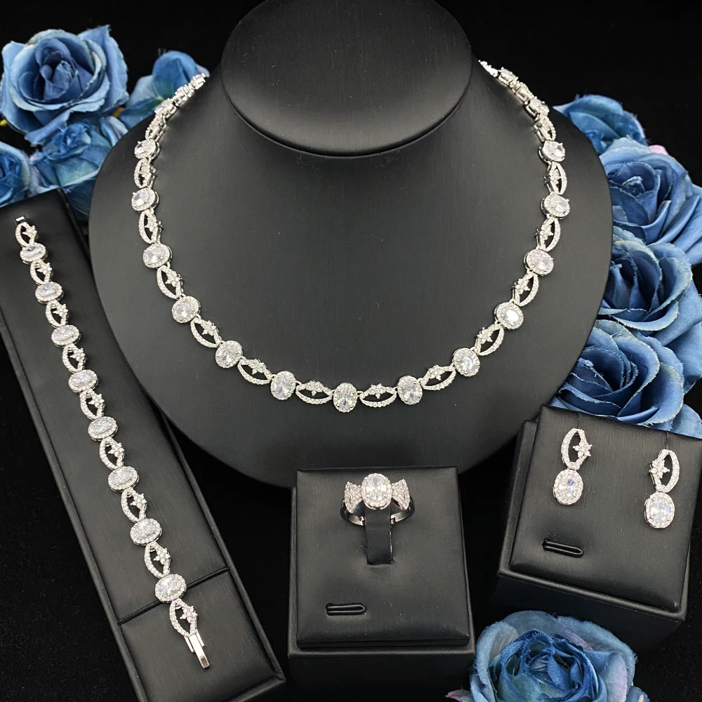 

JRH Premium Platinum Plated CZ 4Pcs Jewelry Set Luxe Bracelet Necklace Earrings Ring Party Wedding Statement Set