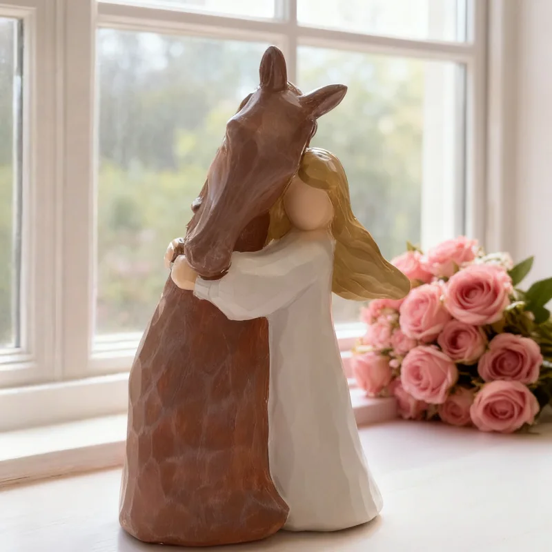 Resin ornament girl holding horse figure statue angel ornament home decoration tabletop small ornament crafts