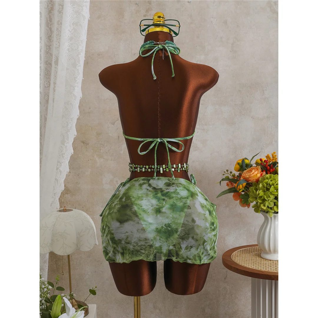 women’s three-piece swimsuit with green tie dye pattern