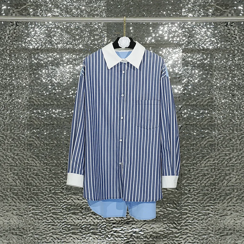 

SuperAen American Retro 2025 Spring and Autumn New Design Striped Shirt for Women Asymmetrical Loose Casual Shirts